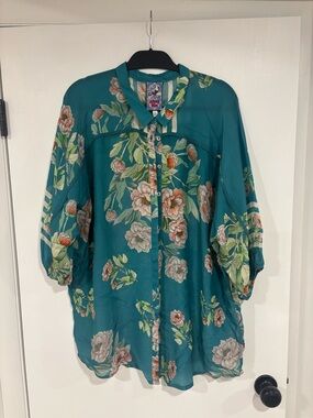 Johnny Was Floral Teal Button-Down Blouse